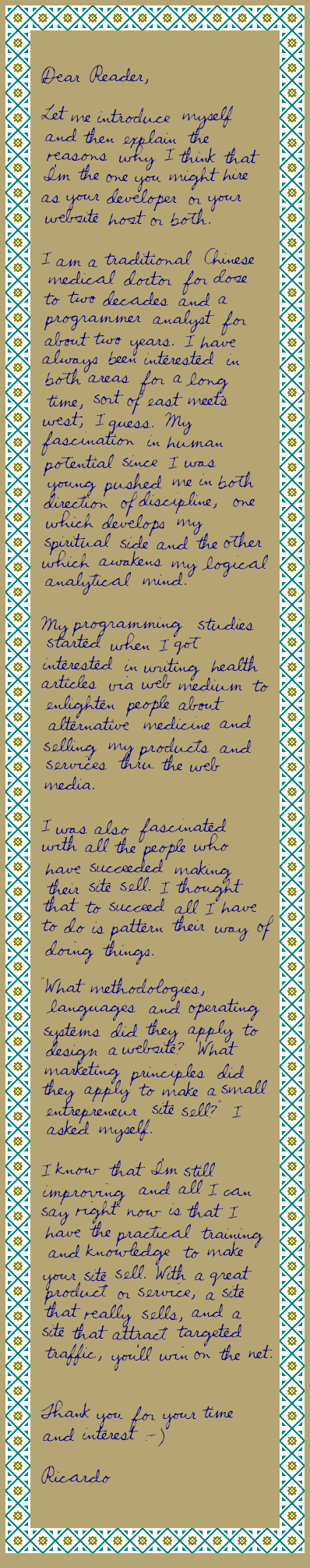 Handwritten letter to my readers, 3/31/2000